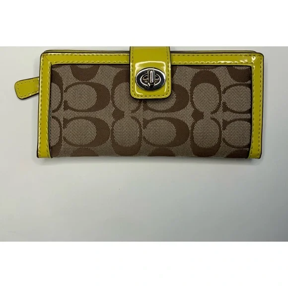 Coach Park Signature Turnlock Wallet Khaki with Yellow trim - Picture 1 of 5